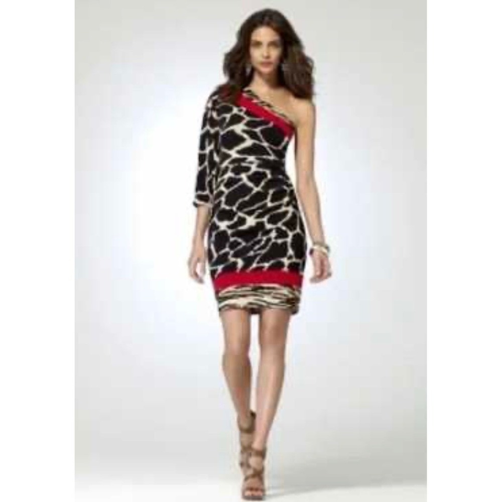 Cache Womens Dress Medium One Shoulder Animal Print Red Trim Y2K Cocktail